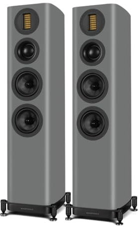 Wharfedale EVO 5.3 Floorstanding Speakers (Pair) – Dual 5″ Kevlar Woofers, Soft Dome Midrange, AMT Tweeter, 3-Way Bass Reflex Tower Design (Lunar Grey)