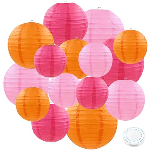 15 Stück Rosa und Orange Papierlaterne Lampion, Runde Dekorative Papierleuchter mit Angeldraht für Brauthochzeits Dekorationen, Gartenparty-Dekorationen (Größen: 4 inch, 6 inch, 8 inch, 10 inch)
