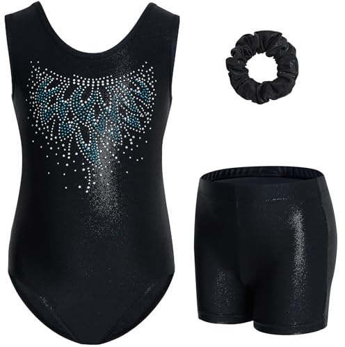 Gogokids Tredelade gymnastiktrikåer för flickor, ärmlösa, set med shorts och hårband, glittrande balettdansdräkter, gymnastikdräkt med tonad färgdesign, för 3–12 år, Svart 1, 100(90-100 cm,3-4Y)