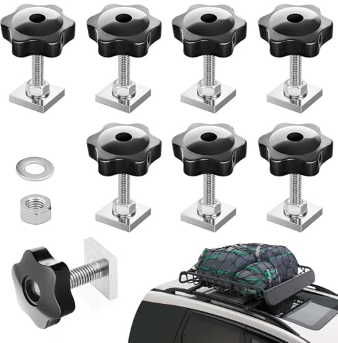 XZMCAT 8Pcs Nutensteine M6 T-Nut Adapter M6 x 35mm, Edelstahl T-Nut Nutensteine mit Sterngriffmutter M6 & Unterlegscheiben, T-Schiene Gleitmuttern für Dachträger Fahrradträger Relingträger