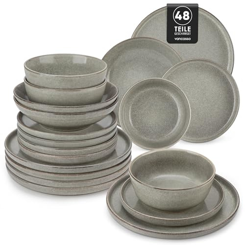 Steingut Geschirrset 12 Personen, vancasso ANYA Braun Teller Set Modern 48 teilig,Tafelservice mit Speiseteller, Suppenteller, Desserttellern, Schüsseln, Geschirr Set Spülmaschinen und Mikrowellenfest