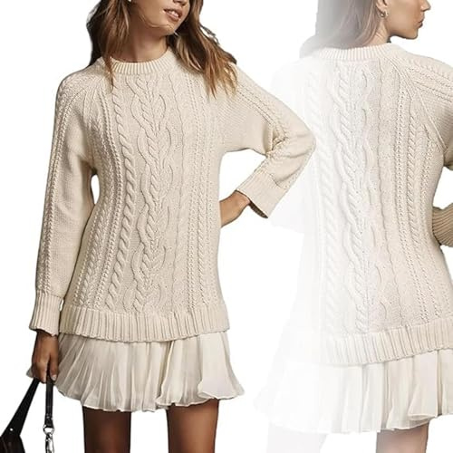 Mini Vestido de Punto con Cuello Redondo para Mujer, Vestido de Punto con Falda Plisada, Grueso, Manga Larga, cálido y Elegante para otoño/Invierno (Albaricoque,XXL)