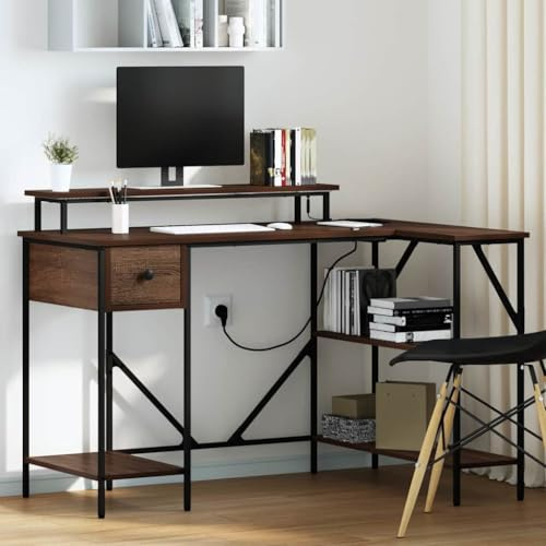 Qnhdfrt Schreibtisch 120x79 cm in Brauneiche mit LED Beleuchtung Gaming Desk mit Ladestation und Schublade Holzwerkstoff für Homeoffice Büro Jugendzimmer