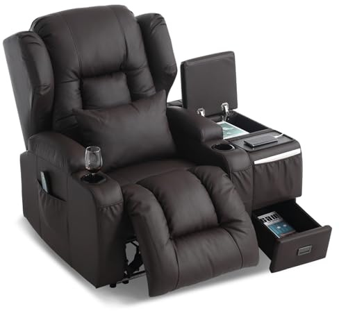 SITURAY Elektrisch Verstellbar Relaxsessel mit Liegefunktion, Kunstleder Fernsehsessel TV Sessel mit Massage und Wärme, Modern Kinosessel mit LED/USB, bis 150 kg (Braun, 1 Relaxsessel mit Konsole)