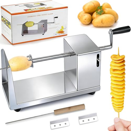 Potato Spiral Cutter, Manual Tornado Potato Spiral Cutter Stainless Steel Curly Fry Cutter Twisted Potato Slicer with Skewers Kitchen Tool for Potatoes, Cucumber, Carrot, BBQ