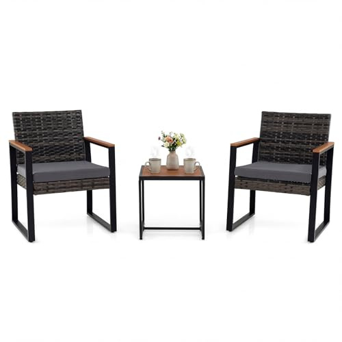 COSTWAY Salon de Jardin Extérieur 2 Personnes en Rotin PE Acier (Noir+Gris) | Ensemble de Meubles de Jardin 2 Fauteuils et Table Basse à Plateau en Bois Composite, pour Balcon, Terrasse, Patio