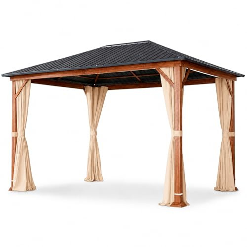 Gazebo 3X4 Metri Da Giardino Con Struttura Effetto Legno E Tetto In Acciaio Zincato Con Tende Laterali Impermeabile Per Patio Terrazza Outdoor 300 X 400 X 295 Cm Effetto Legno E Beige