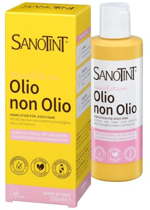 Sanotint Haarlotion Olio non Olio – Leave-in-Formel mit Goldhirse, Sojaprotein und Sonnenfilter, für Geschmeidigkeit, Glanz, Volumen und leichten Halt - vegan - 200 ml