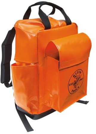 Klein Tools 5185ORA Tool Bag Backpack, Made in USA, Lineman Backpack, Adjustable Padded Shoulder Straps, Double-Stitched Bottom with Drain Holes, Orange