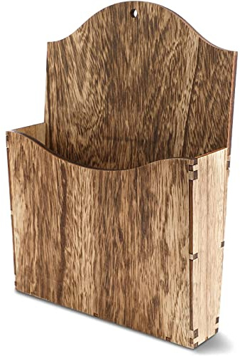Rustic Wood Wall Mounted Magazine Rack and File Organiser with Menu Basket - Hanging Bathroom Mail Holder (12 in)