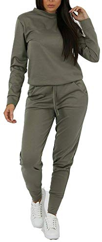Womens Long Sleeve Loungewear Ladies Two Piece Co ord Set Tracksuit (12/14, Khaki)