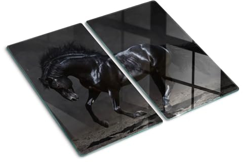 Tabla de Cortar Cristal 2x30x52 cm Resistente de Vidrio Templado 2 Unidades Fina Decorativa para Encimera de Cocina Higienicas Patas de Silicona Placa de Corte - Caballo negro