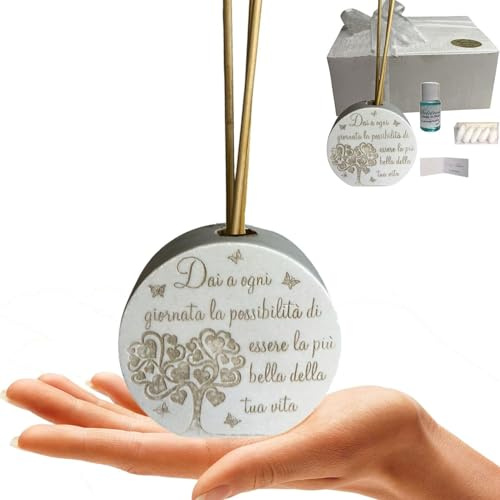 Regalami.shop bomboniera profumatore cm 6x6 in pietra completo di scatola, confetti, essenza alla lavanda, nastro e bigliettino personalizzato