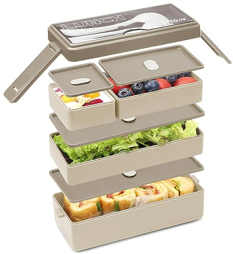 Bugucat Lunch Box 1450 ML, Double Stackable Bento Box Container Meal Prep Containe With Cutlery, 3 Tier and 4 Compartment Design Food Containers for Lunch Snacks,Lunch Box for Adults and kids BPA-Free