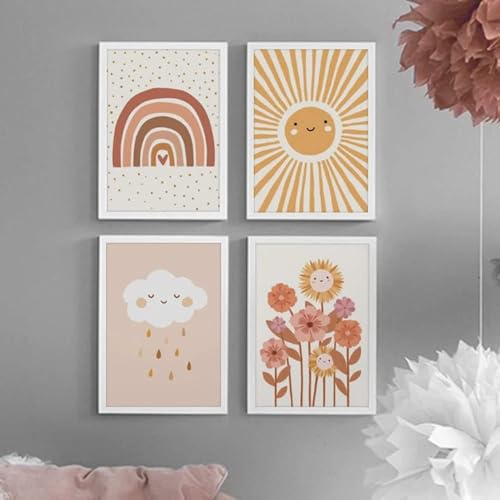 Youihom 4 Kinderzimmer Bilder Mädchen Beige Poster Regenbogen Boho Leinwand Mädchenzimmer Bild für Babyzimmer Sonne Wolke Blume Wandposter 21 x 30 cm ohne Rahmen