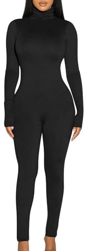 BORIFLORS Long Sleeve Jumpsuit for Women Sexy Turtleneck One Piece Bodycon Rompers Clubwear, Small, Black