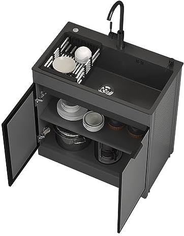 Utility Sink with Cabinet Kitchen Sink and Cabinet Combo with Drainer Unit and Tap Storage Shelves for Kitchen Restaurant Farmhouse Laundry Garage Commercial Indoor Outdoor (Color : Round Faucet, Si