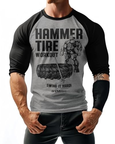 Hammer Tire Workout Raglan Gym T-Shirt, Bodybuilding 3/4 Sleeve Men's Shirt(Hammer Tire GreyBLK-3XL)