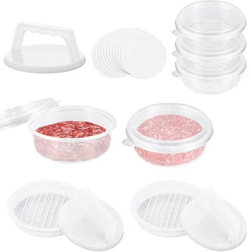 Hamburger Press Patty Maker, Burger Press Patty Makers with 20 Storage Containers and 20 Patty Papers, Hamburger Patty Maker Mold for BBQ Round Burger Shaper for Meat BBQ Grill Accessories