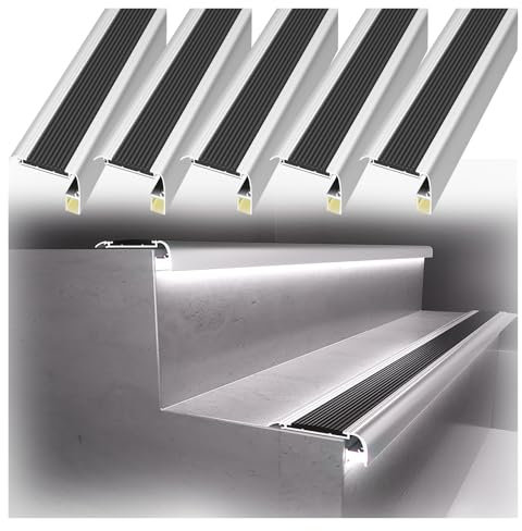 Aluminium-Treppenkante für LED-Streifen, L-Form, rutschfeste Treppenkantenstreifen, 172,7 cm lang, Übergangsstreifen für 90 bis 180 cm Stufen, 5 Stück