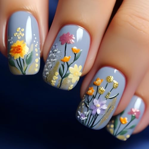 Ceboic 24 Stück Nägel zum Aufkleben Mittel Quadratische, French Press on Nails 3D Niedlich Blumen Künstliche Nägel, Natürliche Fingernägel zum Aufkleben Full Cover Kunstnägel für Frauen DIY Nail Art