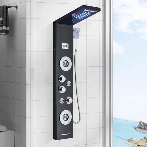 Hbronzeshower Pannello doccia in acciaio inox con LED, colonna doccia multifunzionale, 5 funzioni (doccia a pioggia, cascata, doccia massaggiante, doccetta con scarico) nero