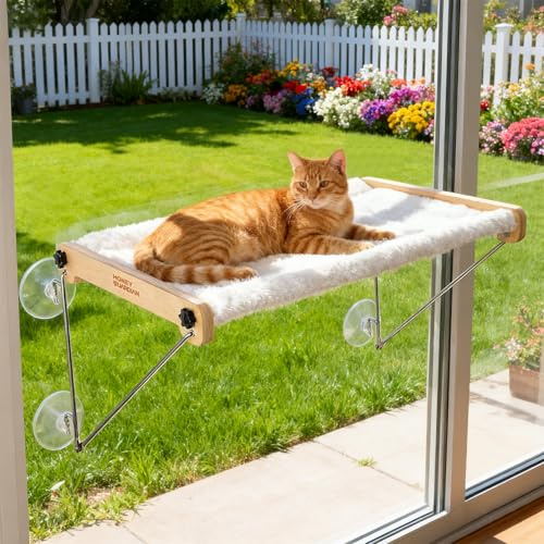 HONEYGUARDIAN Hamaca Gato Ventana, Cama Gatos Ventana de Madera Estable, Hamaca Ventana Gatos hasta 18kg, Cat Window Perch Bed para Siesta, Ventosa Fuerte & Fácil de Instalar, 56 x 33cm