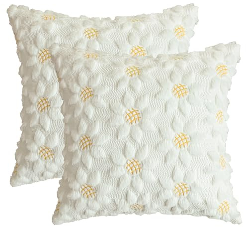 Artoid Mode Lot de 2 housses de coussin décoratives en fourrure synthétique, jacquard, motif tournesols, blanc, crème, 40 x 40 cm, pour canapé, décoration