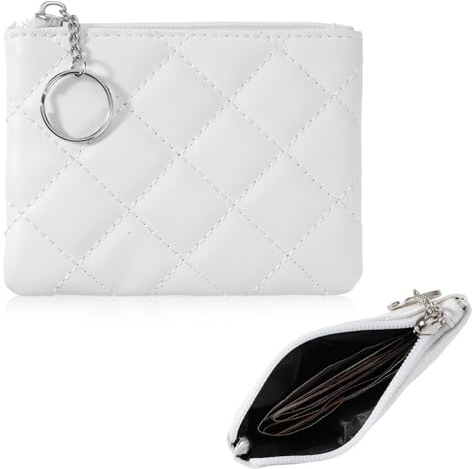 Ymapinc Coin Purse for Women Small Coin Pouch Mini Zipper Pouch White Rhombus PU Leather Portable Zippered Mini Bag with Keyring for Women Girls