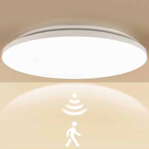 LEZOE LED Deckenleuchte mit Bewegungsmelder Ø35cm, 24W 3250LM 136Lm/W Radar LED Deckenlampe 4000K, IP54 Feuchtraumleuchte Sensorlampe Für Badezimmer, Garage, Treppen, Keller, Flur, Balkon, Diele Lager