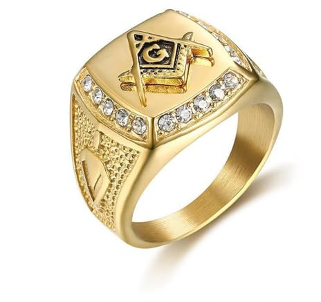 Bague Maçonnique Homme en Acier Titane - Zircone Cubique en Cercle Complet de Luxe, Design de Sceau En relief 3D, Bijou au Symbole Maçonnique Vintage Plaqué Or