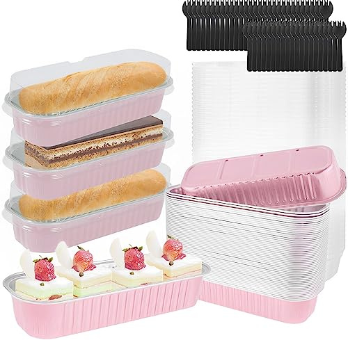 50Pcs Mini Loaf Pans with Lids and Fork Spoons,200ml Non-Stick Aluminum Foil Baking Pans Cake Cases,Portable Baking Cups Bread Container Reusable Cupcake Liners for Wedding Birthday Picnic Party
