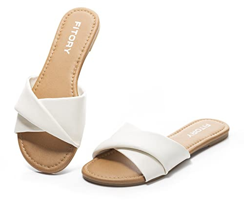 FITORY Women's Sandals Flat Slip On Leather Summer Slide Pure White Size 6