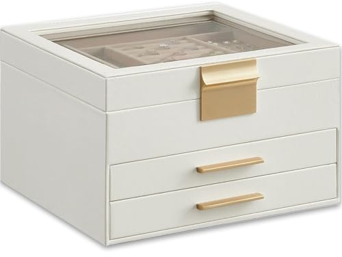 EONGOA Schmuckkästchen mit Glasdeckel, 3-lagige Aufbewahrungsbox mit 2 Schubladen, modernes Design, 20,3 x 23,1 x 13,5 cm, Beige, Weiß und Gold
