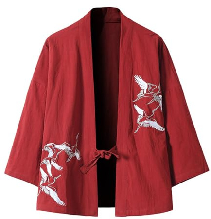 Generico Cardigan Giapponese Uomo Kimono Tradizionale Haori Giacca Ricamo di Mezza Stagione Cappotto Morbido Accappatoi Manica Classico Samurai Abbigliamento Estate Spiaggia Traspirante Camicia