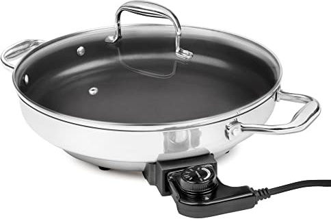 Electric Skillet By CucinaPro- 18/10 Stainless Steel, Frying Pan w Non Stick Interior, Tempered Glass Lid w Handles, 12 Round, Temperature Control Probe for Adjustable Heat Settings, Portable, Gift