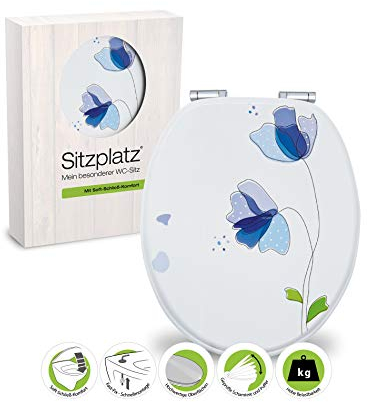 SITZPLATZ® WC-Sitz mit Absenkautomatik, Blumen Dekor Flora Blau, Toilettensitz mit Holz-Kern & Schnellbefestigung, Standard O Form, Metallscharniere, Toilettendeckel Blume, floral, 40267 5