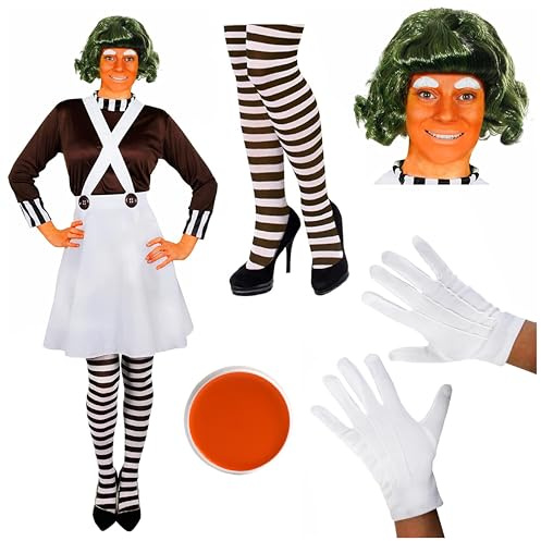 Ladies Chocolate Factory Worker Costume - Brown Top, White Skirt, Green Wig, Striped Tights, Gloves, Eyebrows, Facepaint - Adults World Book Day Book Week Fancy Dress Costume