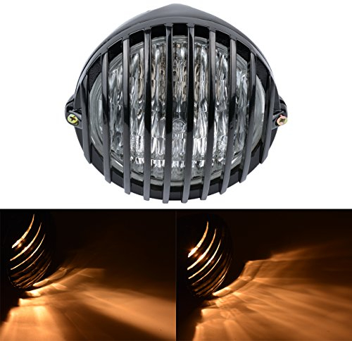 TUINCYN 6 1/2 Zoll Universal Motorrad Scheinwerfer Retro Grill Einzigen Runde 12 V 55 Watt Halogenlampe (schwarz Shell)