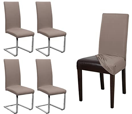 BEAUTEX 4er Set Jersey Stuhlhusse, elastische Stretch Husse Baumwolle Bi-Elastic, Farbe wählbar (Taupe-Braun)
