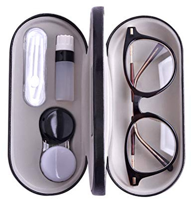 Calayu Dual Use Glasses Case, Glasses and Contact Lenses, Glasses Case, Contact Lens Cases with Built-in Mirror, black, 15.8*7.4*5.0cm