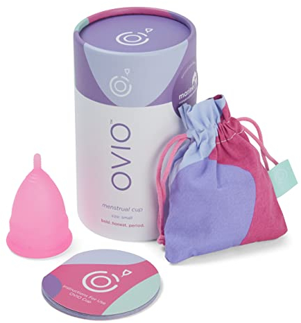 Ovio, tazza mestruale riutilizzabile, morbida e flessibile, 100% silicone di grado medico, con custodia da viaggio, senza perdite e affidabile, con garanzia di sostituzione delle dimensioni