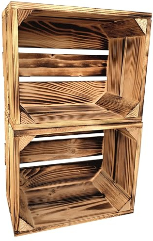 2er Set Holzkiste Klein Aus Holz - massive Weinkisten Vintage 25x20x15cm - Holzbox Für Aufbewahrung, Holzregal - Robuste Obstkisten & Apfelkisten - Deko Kiste Für Küche, Wohnzimmer - Kiste Geflammt