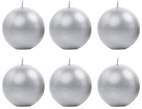 DekoHaus Kugelkerzen Metallisch Silber 8 cm – 6 Stück Kerzen rund, Brenndauer ca. 20 Std, Dekokerzen für Hochzeit, Weihnachten, Geburtstag, Party, Dinner