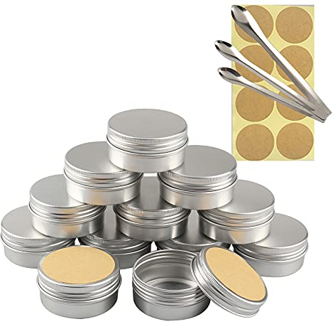 TIANZD 24 Stück Leere 50 ml Rund Silber Aluminium Tins Schraubdose Cremedose Alu-Tiegel Dosen mit Schraub-Deckel 5ml Aludose Blechdosen für Kosmetik Kerze Salben 3x Löffel, 24x Etikette