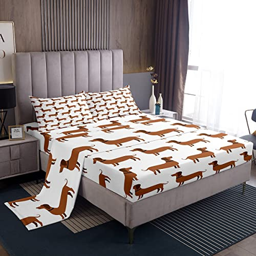 Set di biancheria da letto con disegni di bassotti in 3D per ragazzi e ragazze amanti dei cani, lenzuola marroni, 4 pezzi, misura matrimoniale