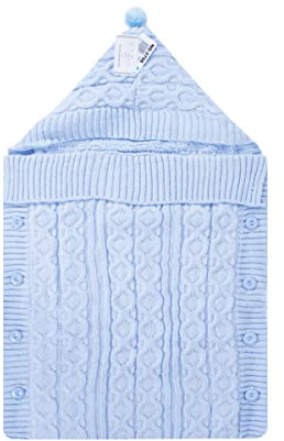 SaRani Copertina Sacco Baby Bimbo in Lana Cappuccio Pon-Pon Trecce Celeste 45x70 cm (Celeste)