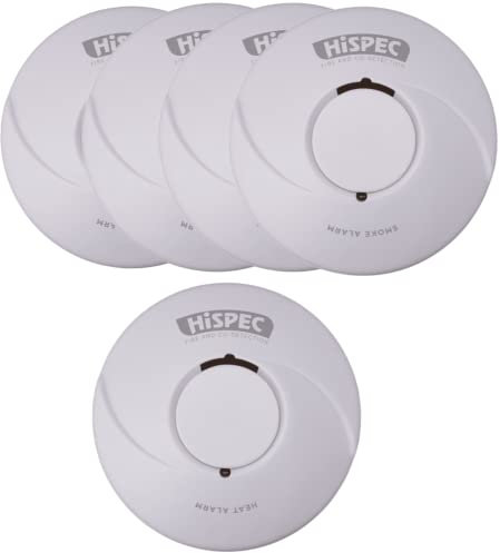 HiSPEC Smoke Alarms Heat Detectors and CO Detectors - Fire Safety Kits: Fully Compliant to 2022 Scottish Legislation (4 Smoke / 1 Heat)
