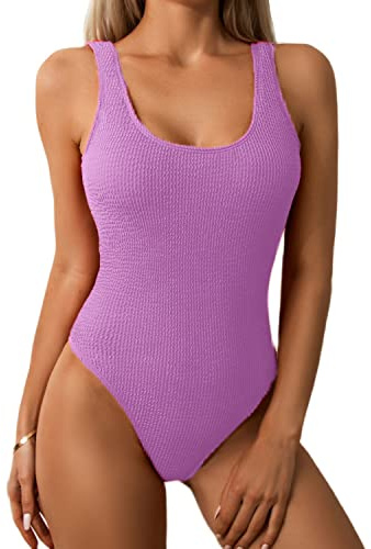 Limeeke Maillot de Bain Une pièce pour Femme - Monokini côtelé uni - Dos Nu - String, Violet, Taille S