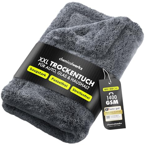 Chemicalworkz® Shark Towel Trockentuch 1400 GSM grau 80x50cm - saugstarkes Fast Dry Microfasertuch extra groß Autopflege | Fusselfrei, Streifen- & schlierenfreies Trocknen | Auto, Motorrad & Dusche